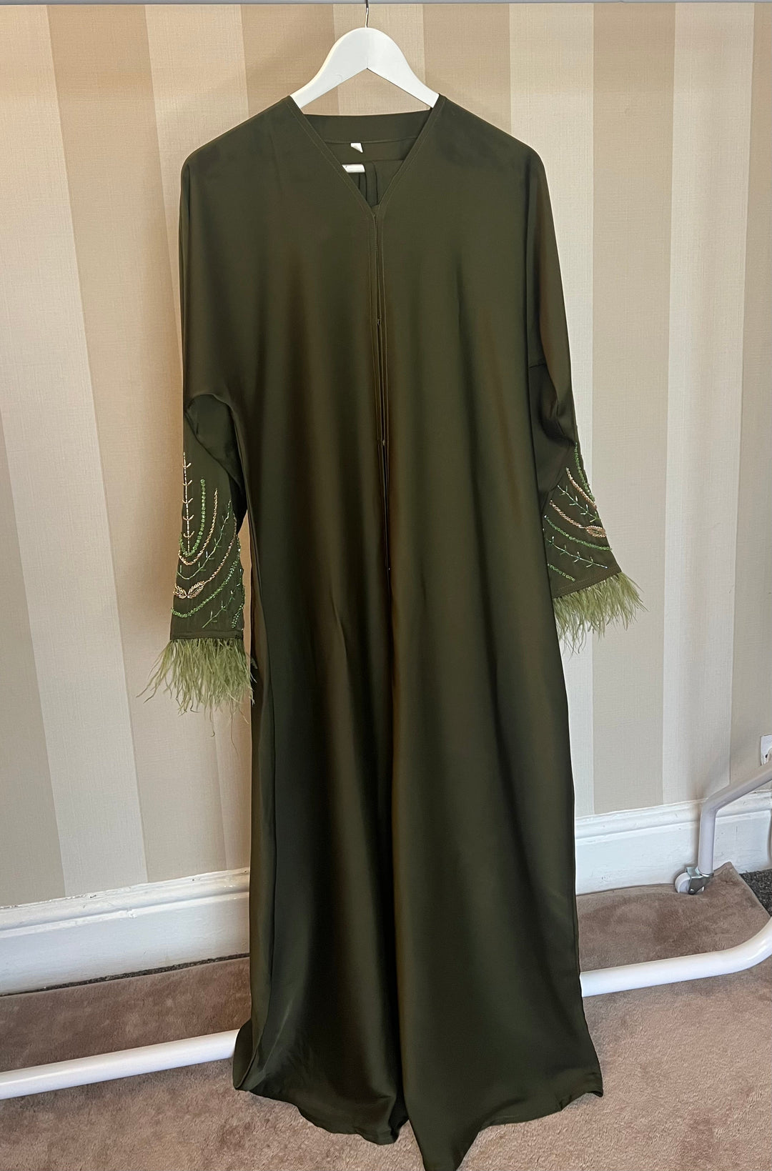 Beaded Satin Feather Abaya in Olive