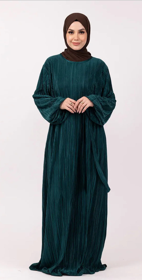Plisse Abaya/ Dress with Belt in Teal Green