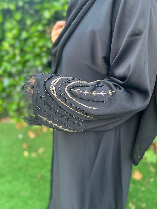 Beaded Satin Feather Abaya in black