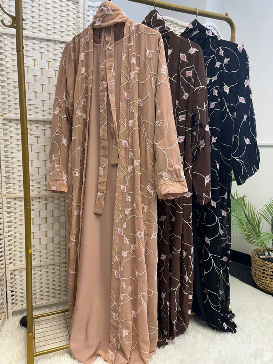 Embroidered Open Abaya with Inner full sleeve slip Set