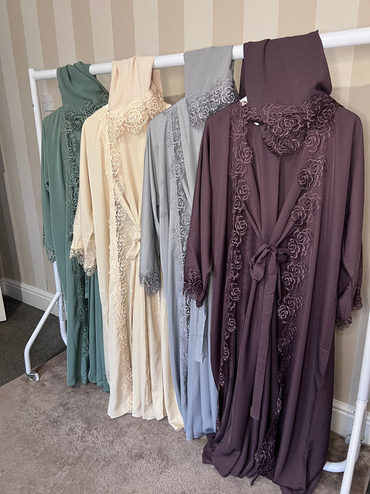 Floral Lace Open Abaya Set with Inner slip
