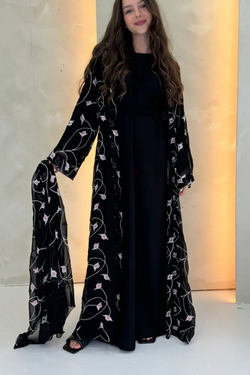 Embroidered Open Abaya with Inner full sleeve slip Set