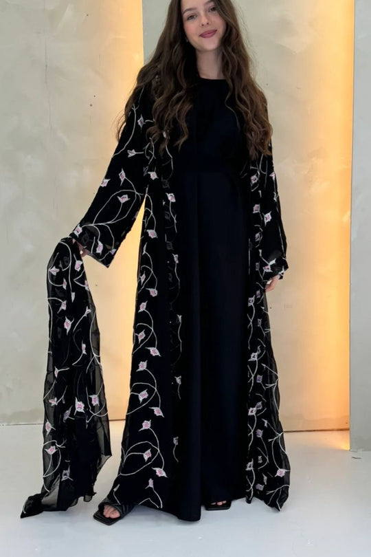 Embroidered Open Abaya with Inner full sleeve slip Set