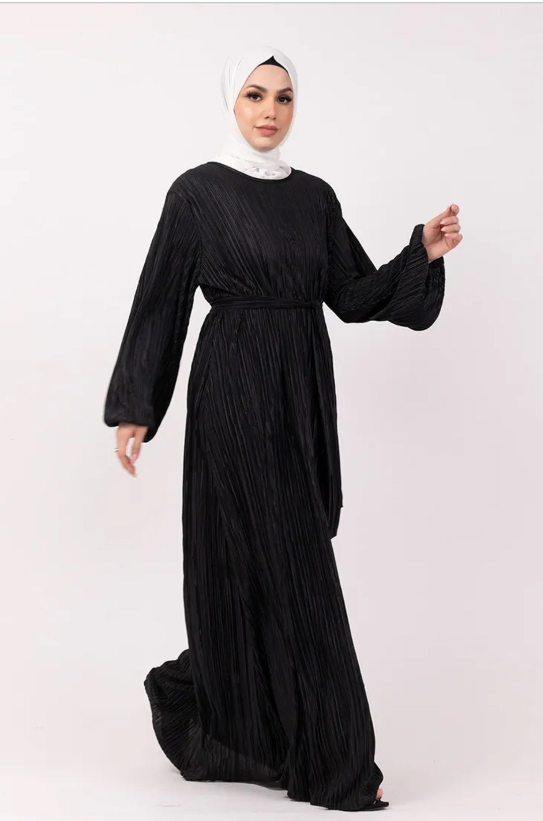 Plisse Abaya/ Dress with Belt in Black
