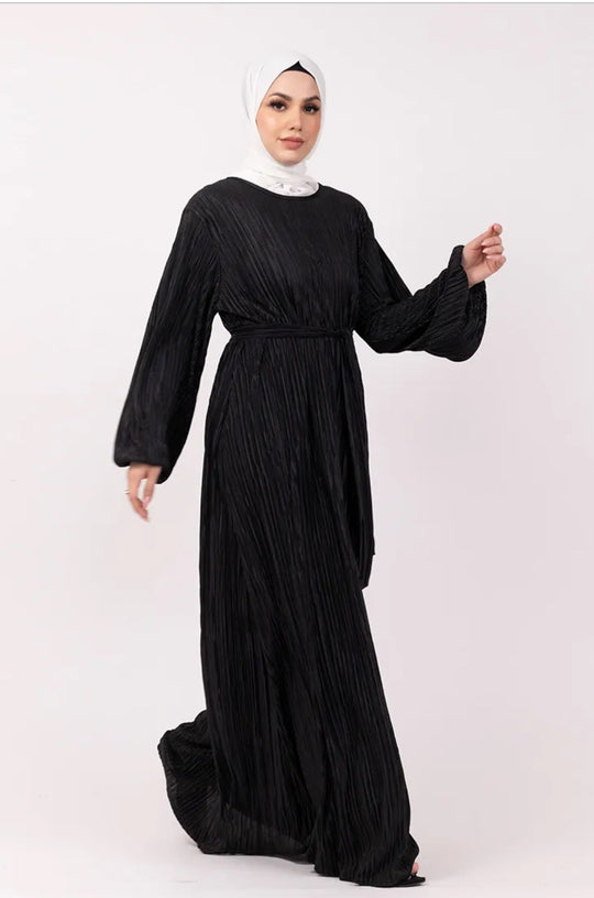 Plisse Abaya/ Dress with Belt in Black