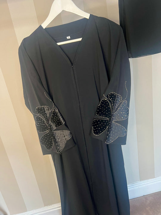 Velvet Flower Motif Abaya with front buttons