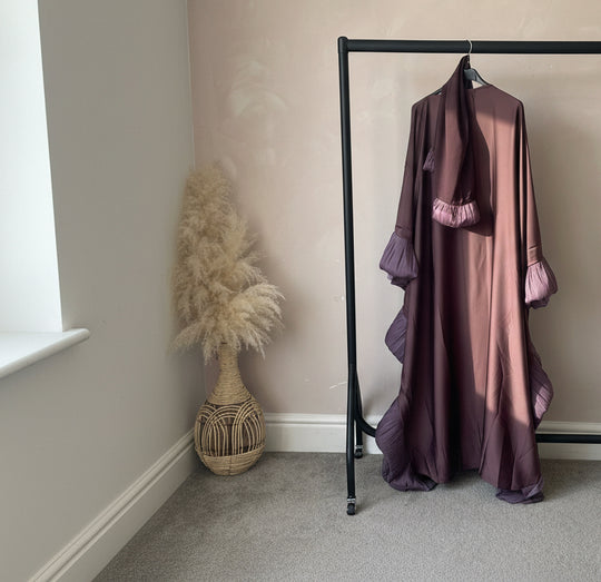 Ruffle Abaya with Inner ties Set Deep Mauve