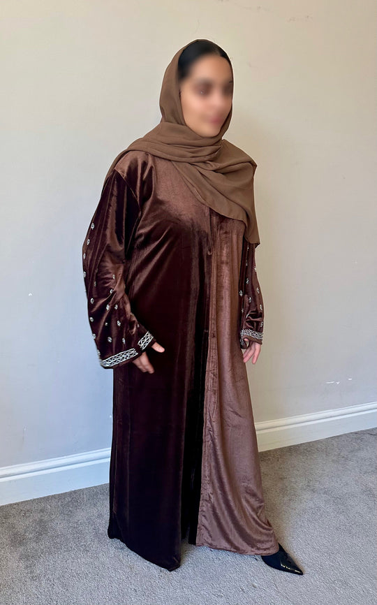 Elegant Velvet Open & close Abaya Brown