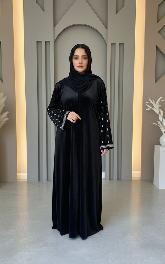 Elegant Velvet Open & close Abaya in Black 01