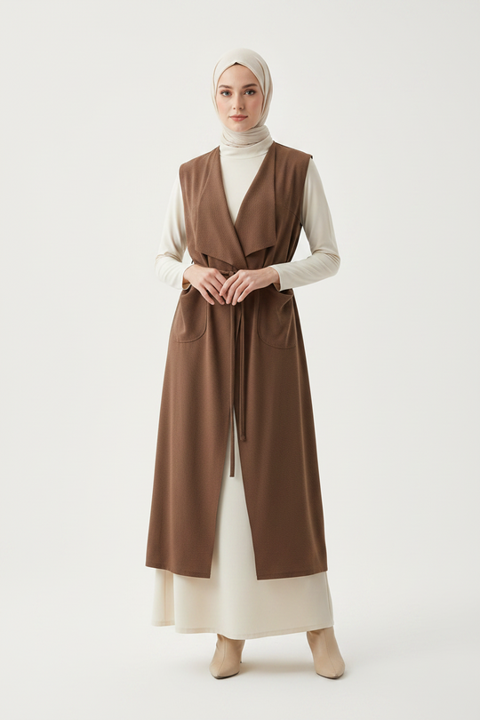 Waterfall Sleeveless Cardigan type Jacket with Pockets