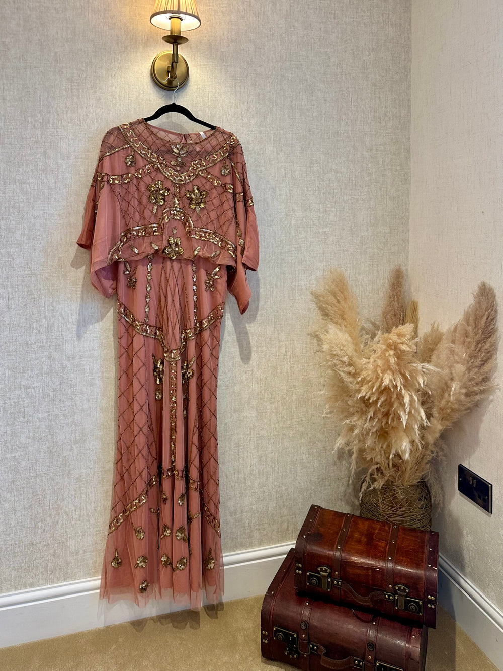 Frock and Frill Embellished Dress With Batwing Sleeves in Dusky Pink