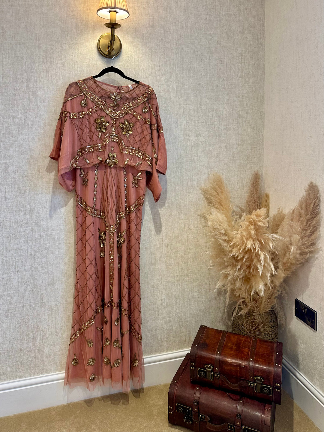 Frock and Frill Embellished Dress With Batwing Sleeves in Dusky Pink