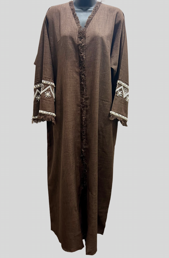 Linen Beaded Abaya with Hijab/ Scarf -  Brown