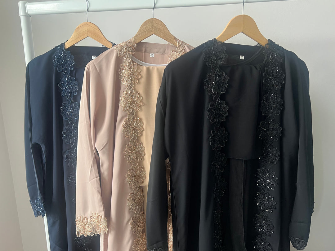 Floral Beaded Lace Edged Abaya Sets