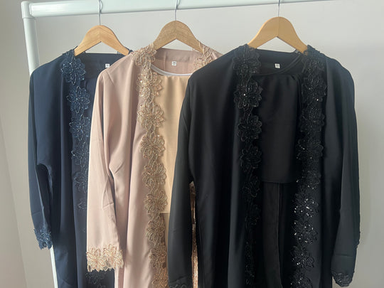 Floral Beaded Lace Edged Abaya Sets