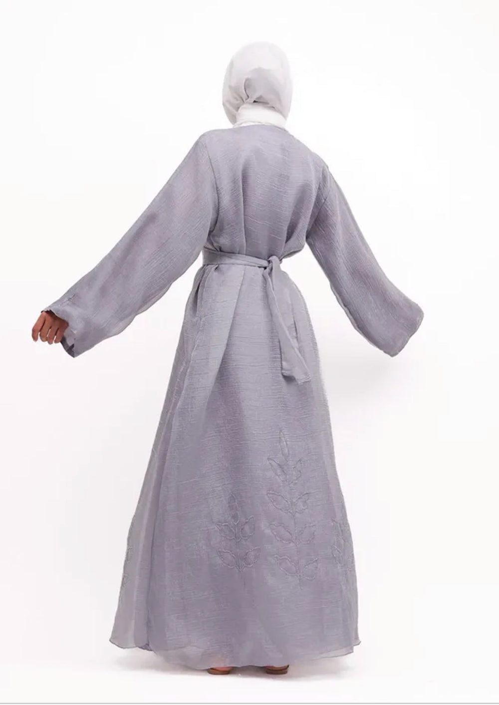 Beaded Organza Kimono Abaya in silver Grey