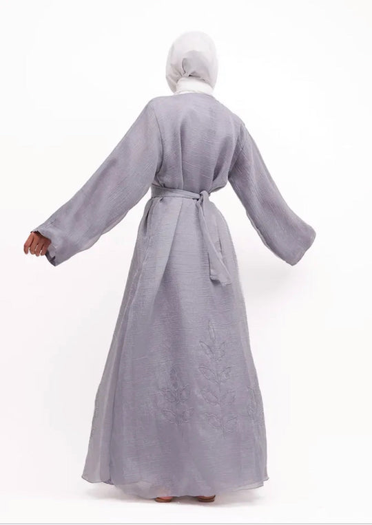 Beaded Organza Kimono Abaya in silver Grey