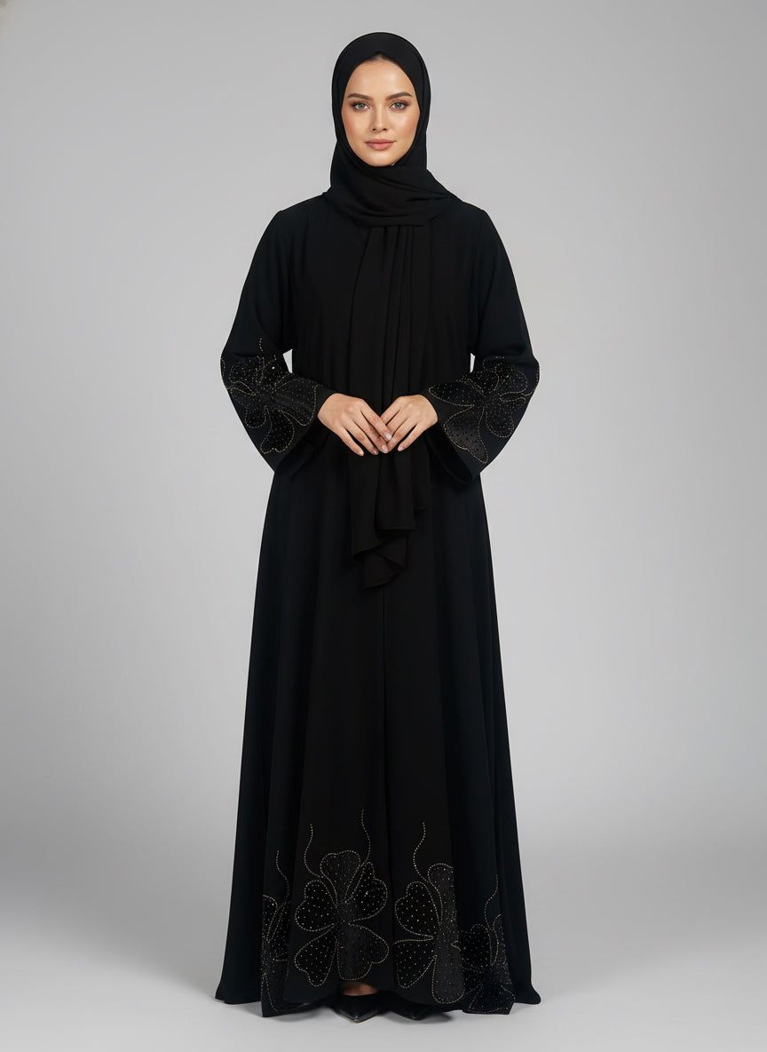 Velvet Flower Motif Abaya with front buttons in Nida
