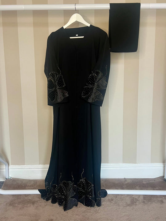 Velvet Flower Motif Abaya with front buttons