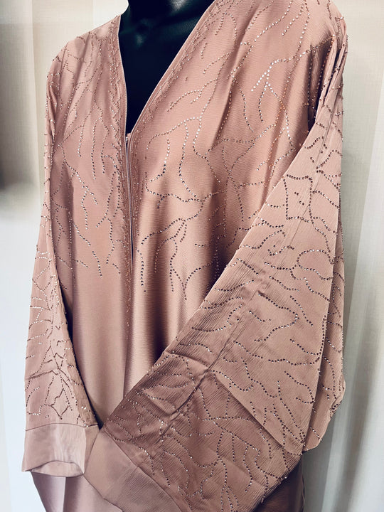 Luxurious Rhinestone Batwing Abaya Set in Rose Gold