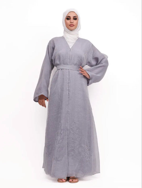 Beaded Organza Kimono Abaya in silver Grey