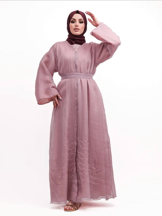 Beaded Organza Kimono Abaya in Pink