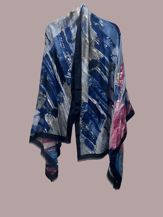 Printed Large Bordered Shawls / Scarves/ Wrap with Gold & silver