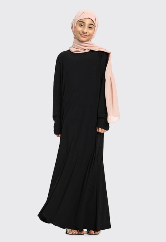 Basic plain Jersey Girls Abaya  K - Black