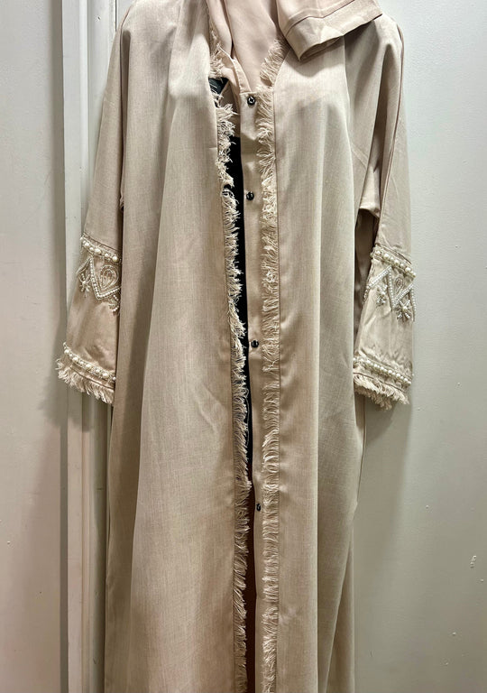 Linen Beaded Abaya with Hijab/ Scarf - Nude Blush