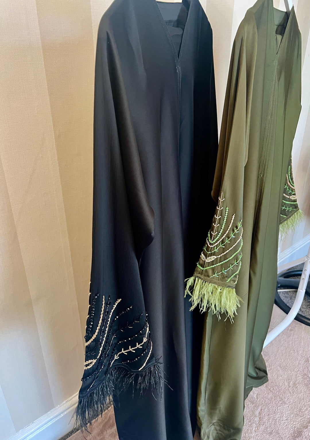Beaded Satin Feather Abaya in black