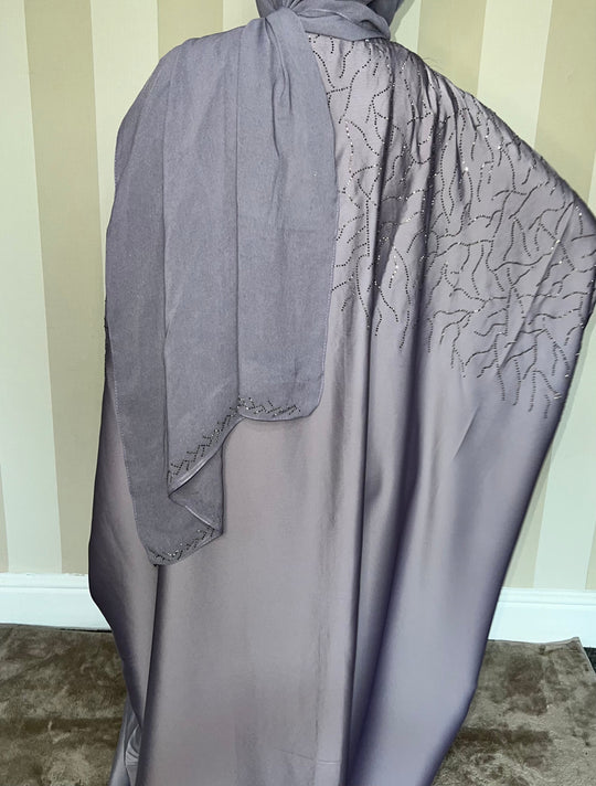 Luxurious Rhinestone Abaya Set in Grey