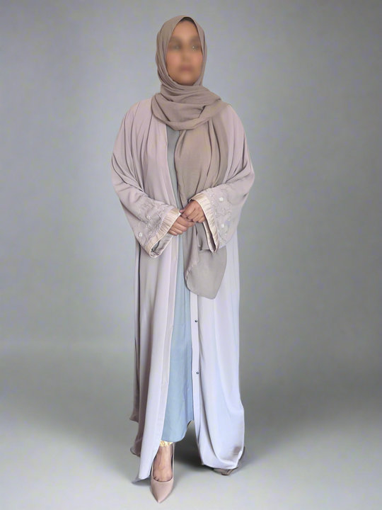Beaded Flower Nida Abaya with front buttons in Nida