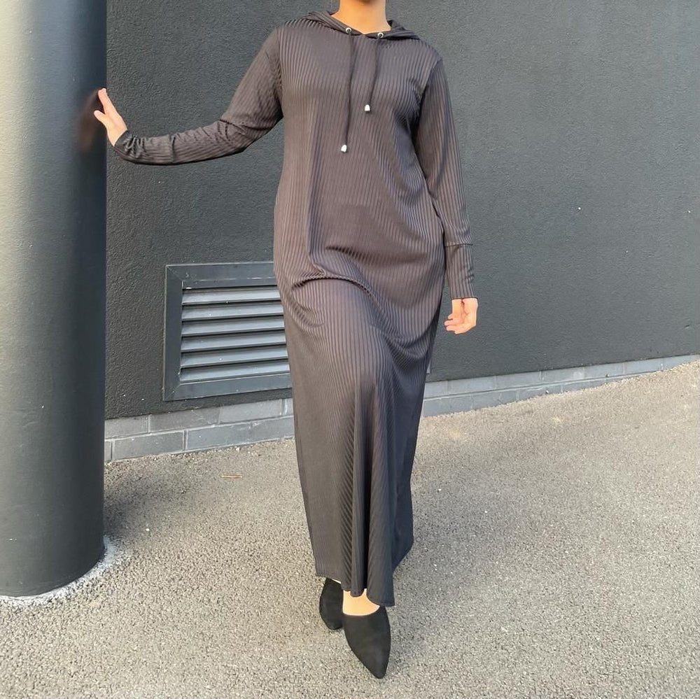 Ribbed Hooded Sporty Abayas Black & Grey