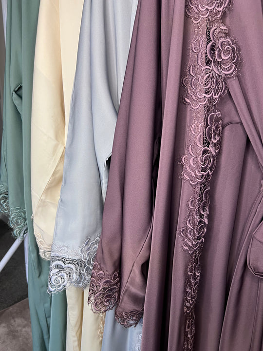 Floral Lace Open Abaya Set with Inner slip