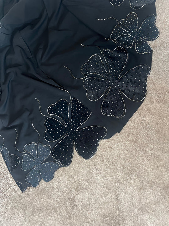 Velvet Flower Motif Abaya with front buttons