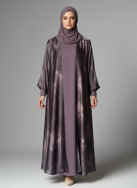 Deep Marble Print Abaya set in Mauve Brown Shade
