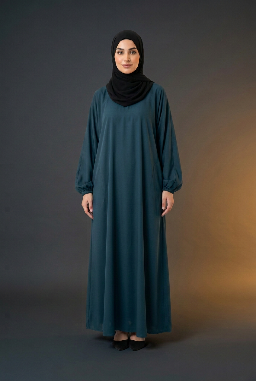Nida Abaya with Elasticated cuffs and Zip pockets A- Deep Teal Blue