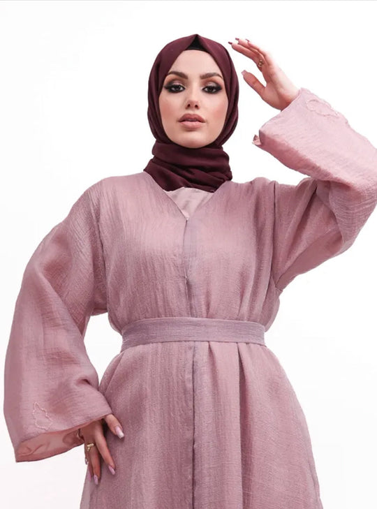 Beaded Organza Kimono Abaya in Pink