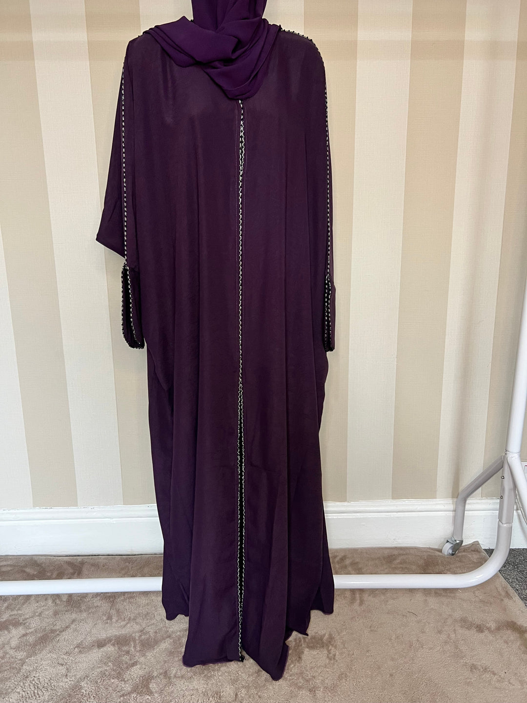 Beaded Trimmed Batwing Abaya in Aubergine shade 24