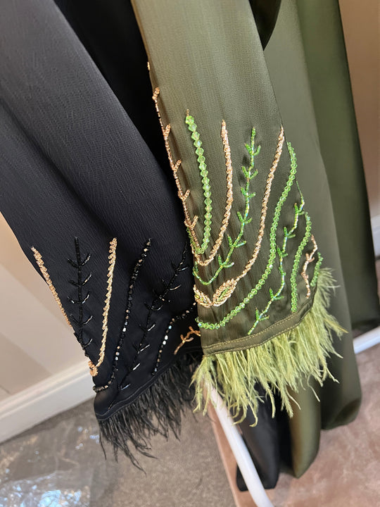 Beaded Satin Feather Abaya in Olive