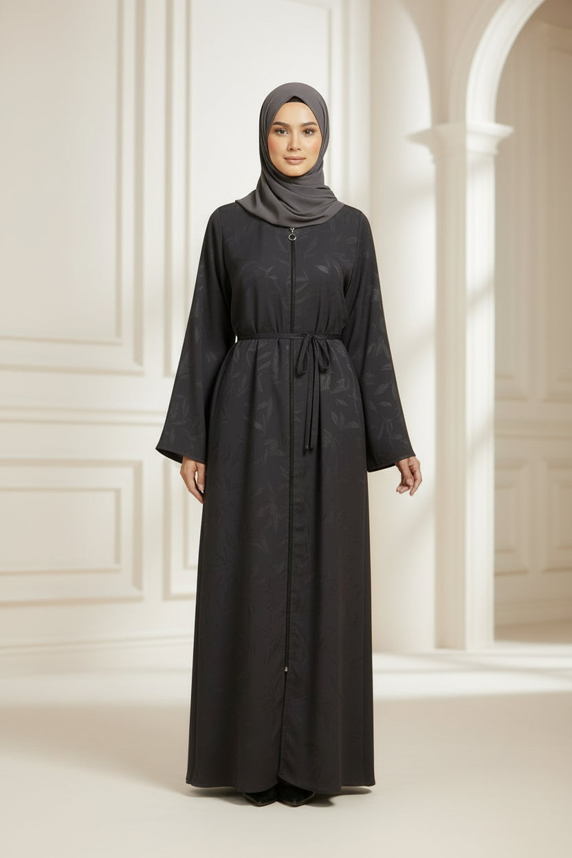 Jacquard print Midnight Abaya set with Zip Opening