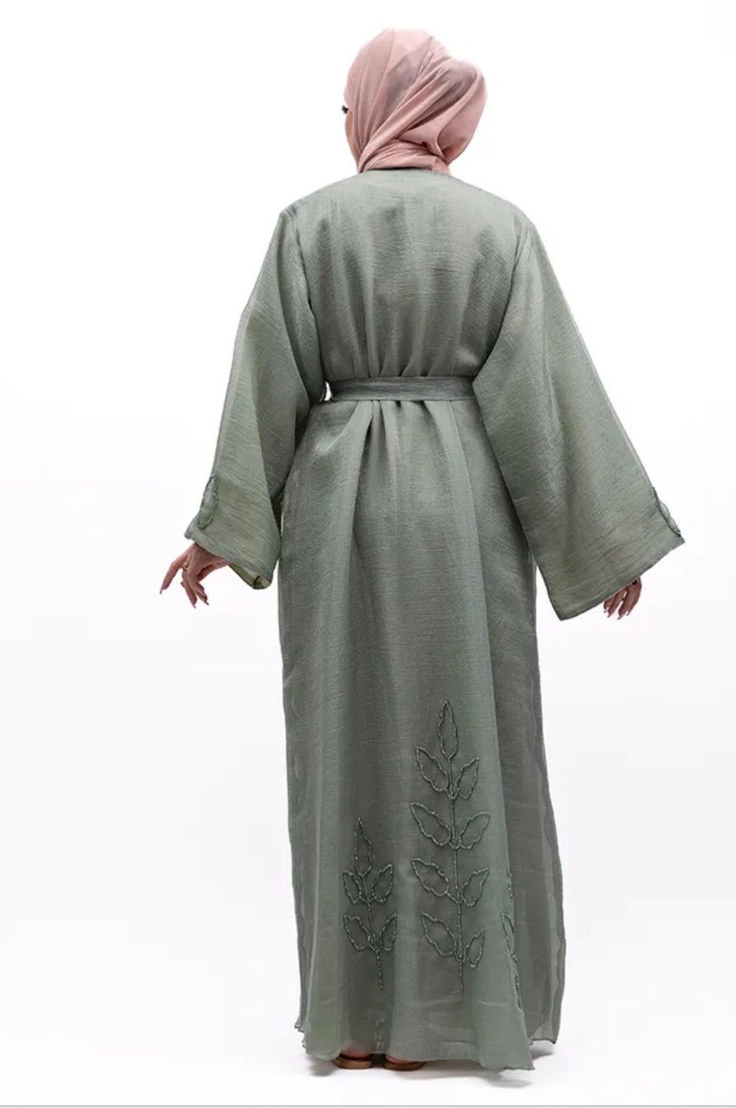 Beaded Organza Kimono Abaya in Sage Green