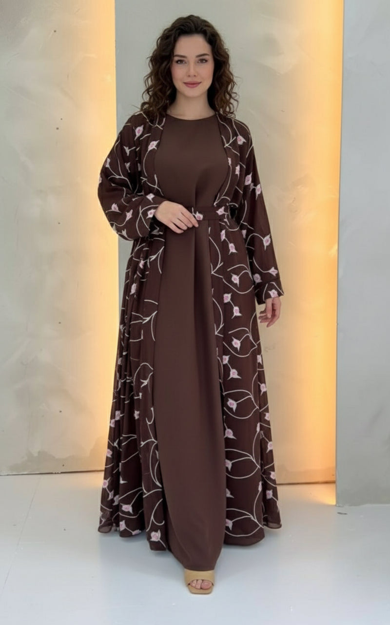 Embroidered Open Abaya with Inner full sleeve slip Set