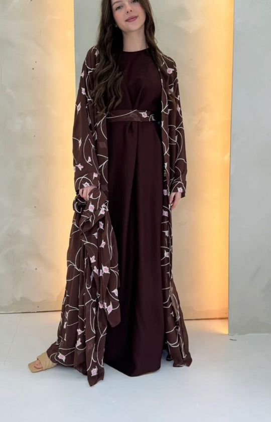 Embroidered Open Abaya with Inner full sleeve slip Set
