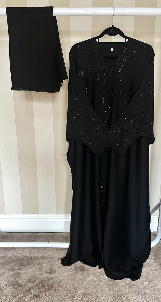 Luxurious Rhinestone Batwing Abaya Set in Black