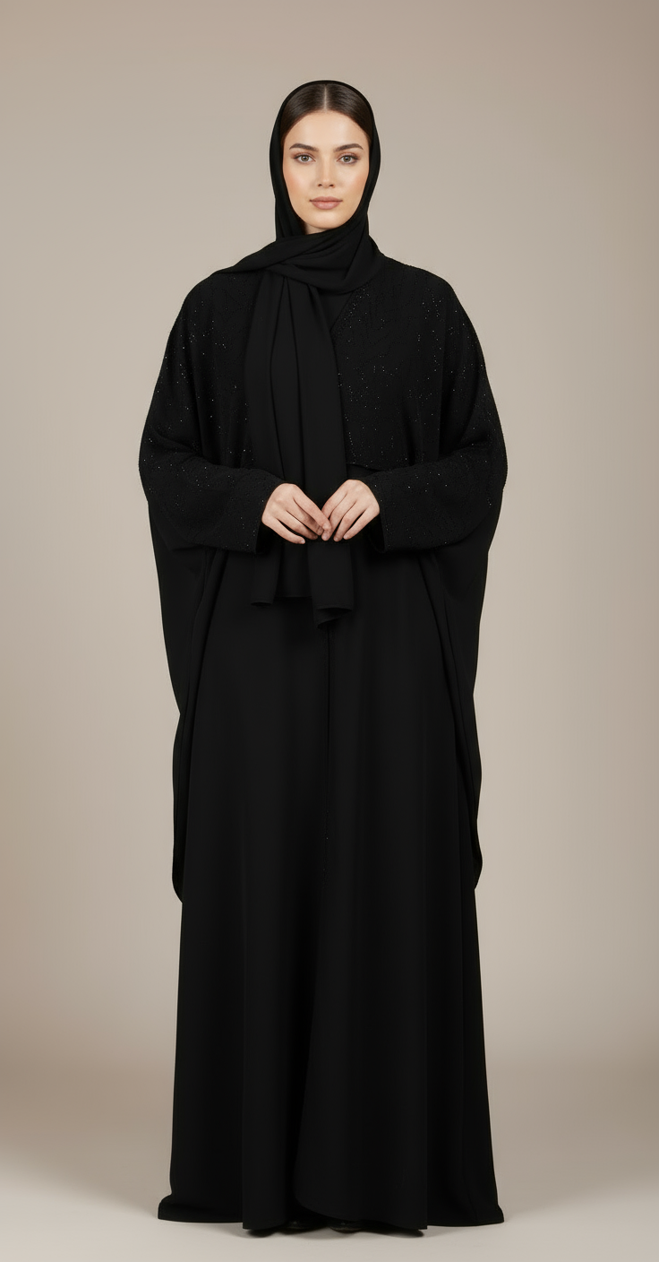 Luxurious Rhinestone Batwing Abaya Set in Black
