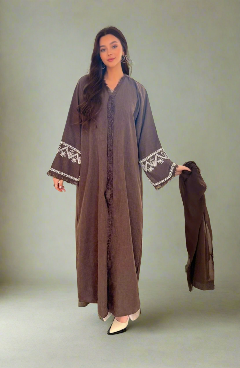 Linen Beaded Abaya with Hijab/ Scarf -  Brown