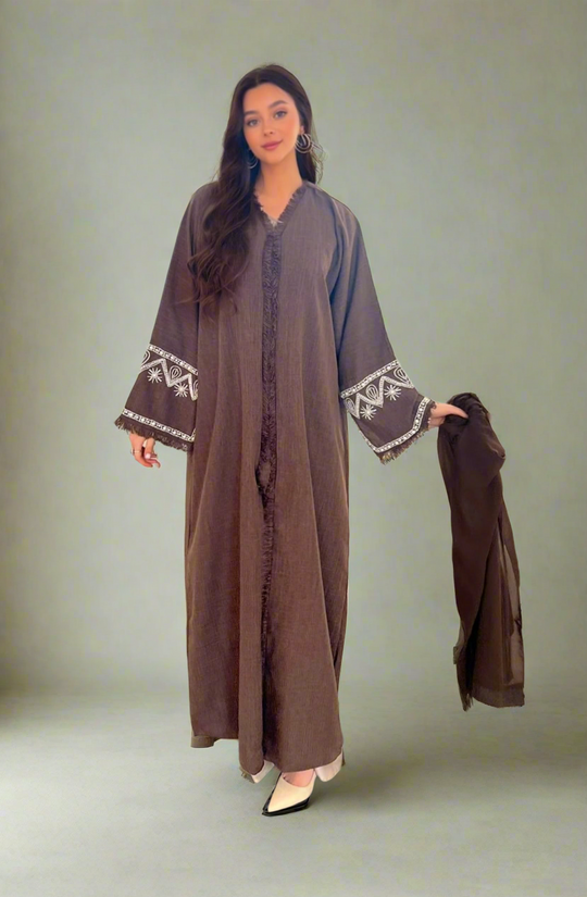 Linen Beaded Abaya with Hijab/ Scarf -  Brown