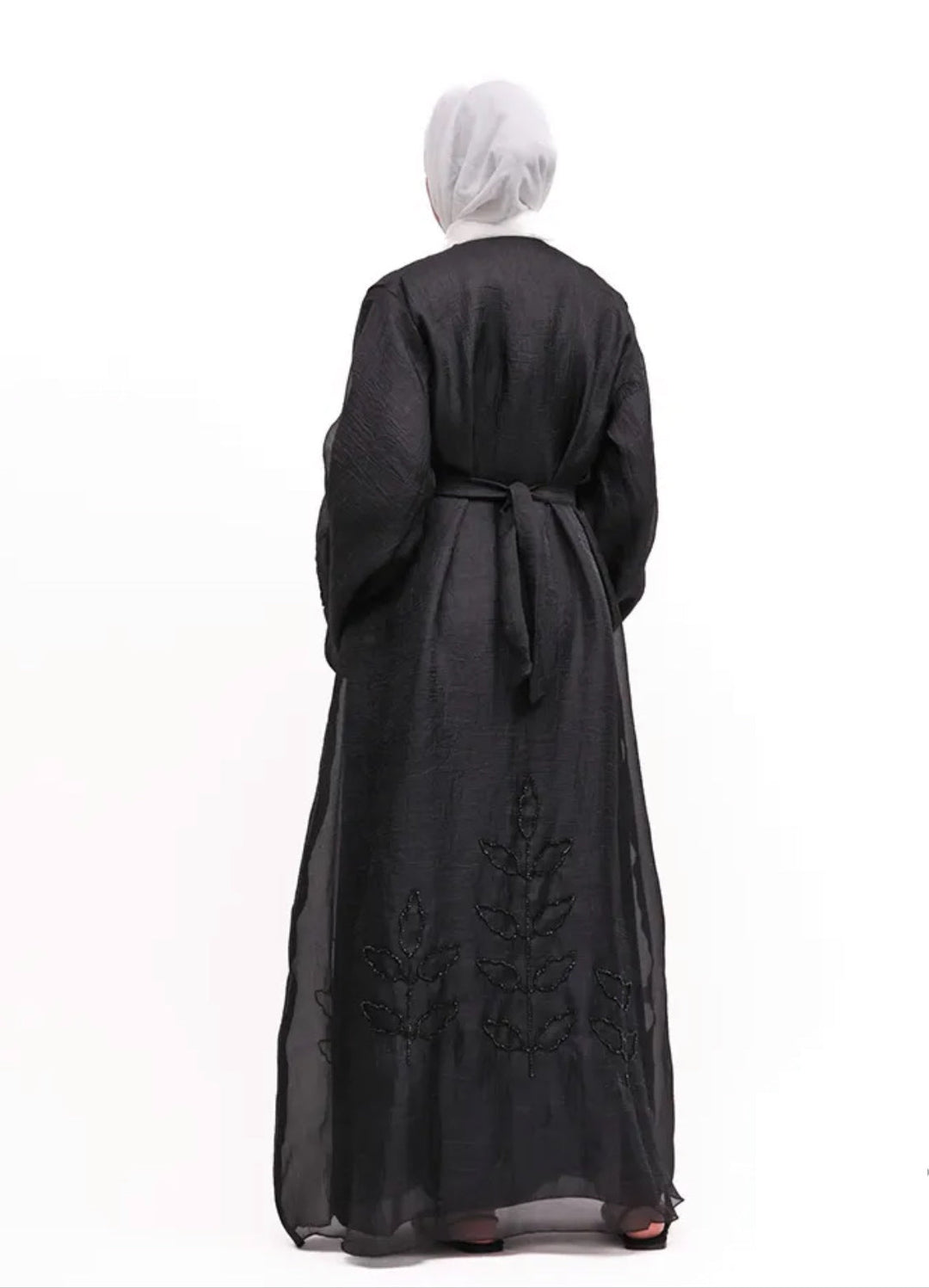 Beaded Organza Kimono Abaya in Black