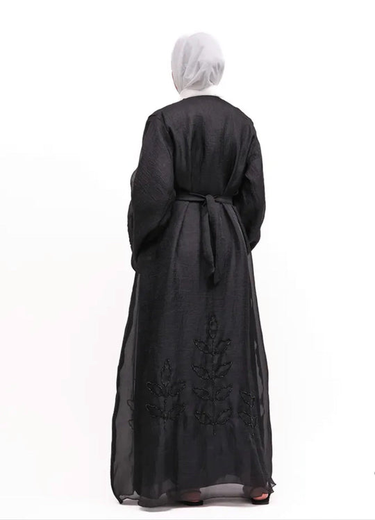 Beaded Organza Kimono Abaya in Black